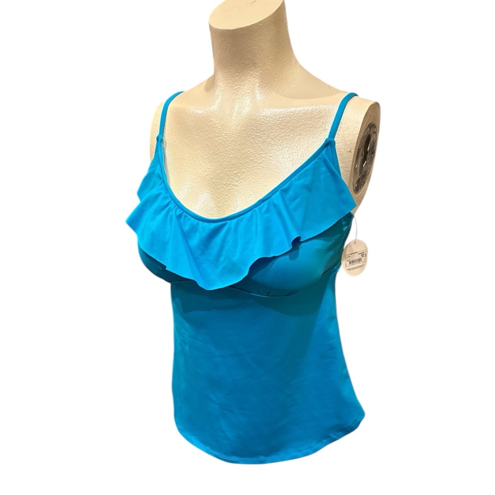 STYLUS Blue Ruffled Fitted Tankini Swimsuit Top